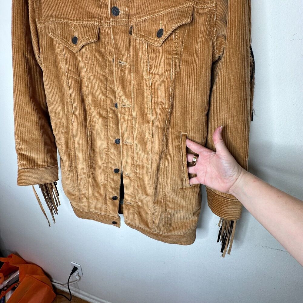 NWT Levis Karla Camel Tan Fringed Corduroy Long Trucker Button-Front Jacket XS - Picture 6 of 16